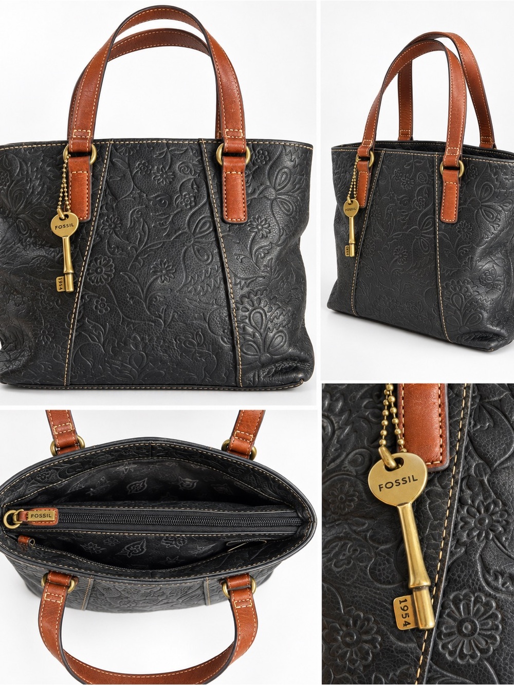 Fossil Black Floral-Embossed Leather Tote with Brown Handles